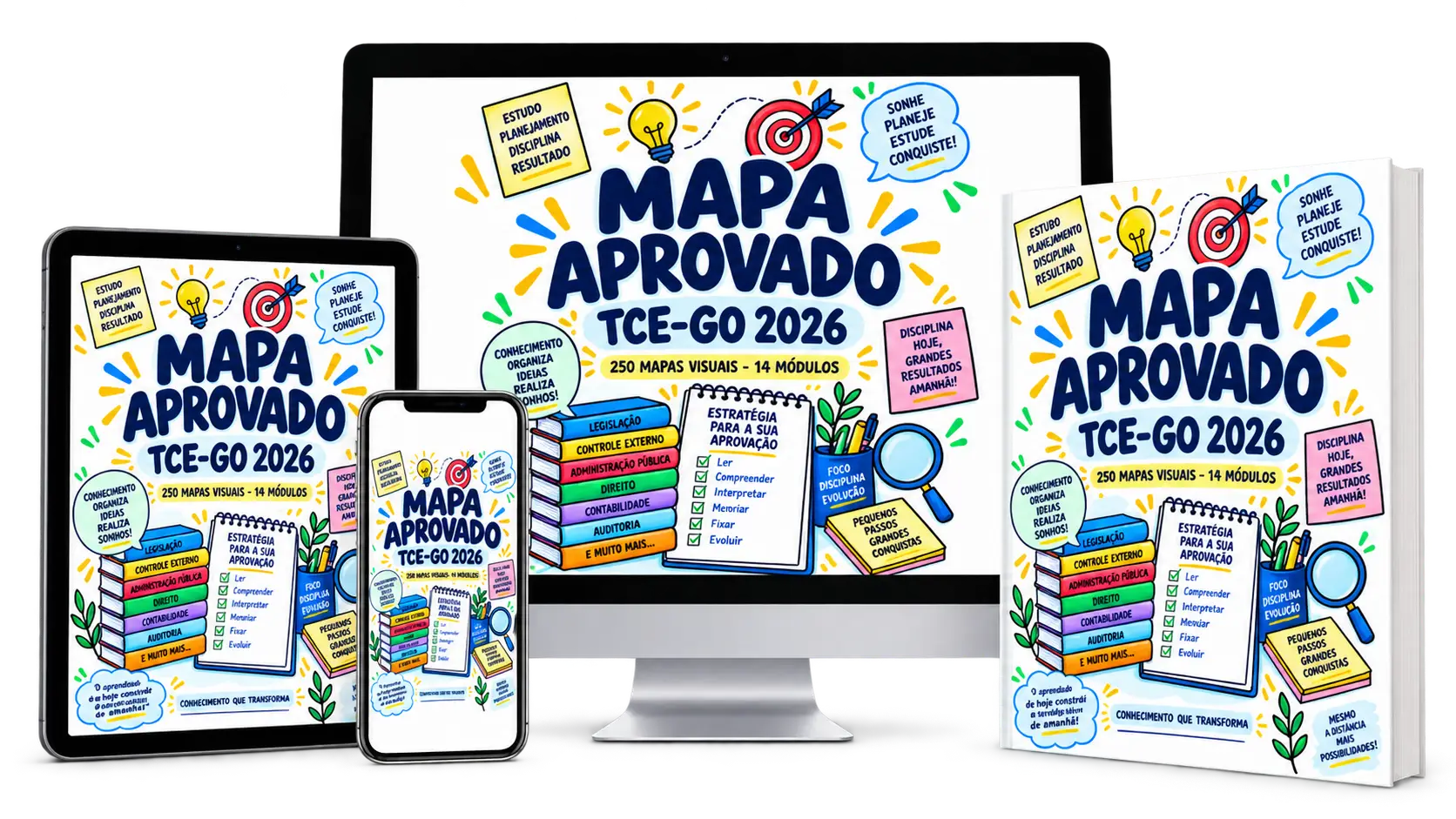 Pacote completo Mapa Aprovado TCE-GO 2026 em computador, tablet, celular e material impresso